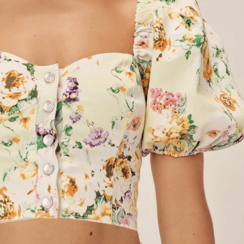 Chamomile Denim Crop Top, Large, For Love and Lemons in Buttercreme